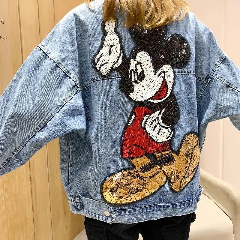 2025 Spring Autumn Jacket Embroidery Sequin Cartoon Oversized Denim Coat Women's Loose Korean Style Mid-Length Jeans Chaquetas