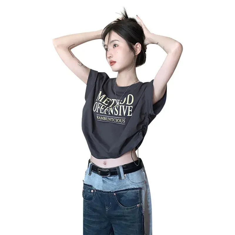 Niche Elegant Trendy In Cropped Grey Top Women's T-shirt Short Sleeves Design Sensibility Printing Spring Summer 2024 New Model