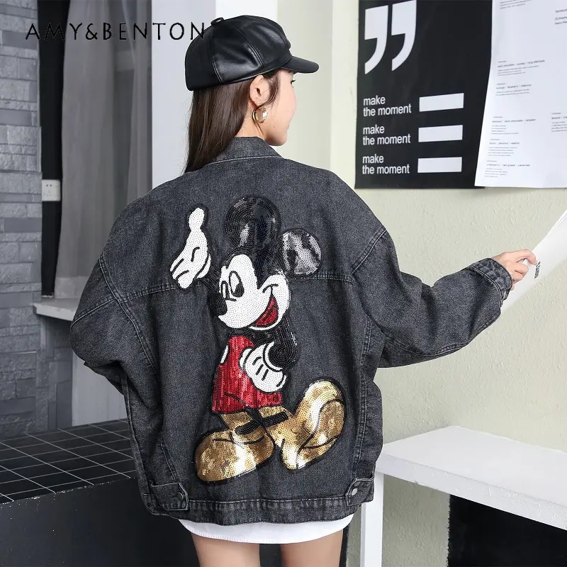 2025 Spring Autumn Jacket Embroidery Sequin Cartoon Oversized Denim Coat Women's Loose Korean Style Mid-Length Jeans Chaquetas