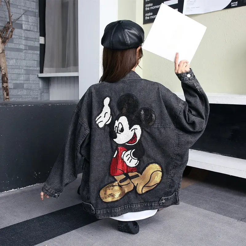 2025 Spring Autumn Jacket Embroidery Sequin Cartoon Oversized Denim Coat Women's Loose Korean Style Mid-Length Jeans Chaquetas