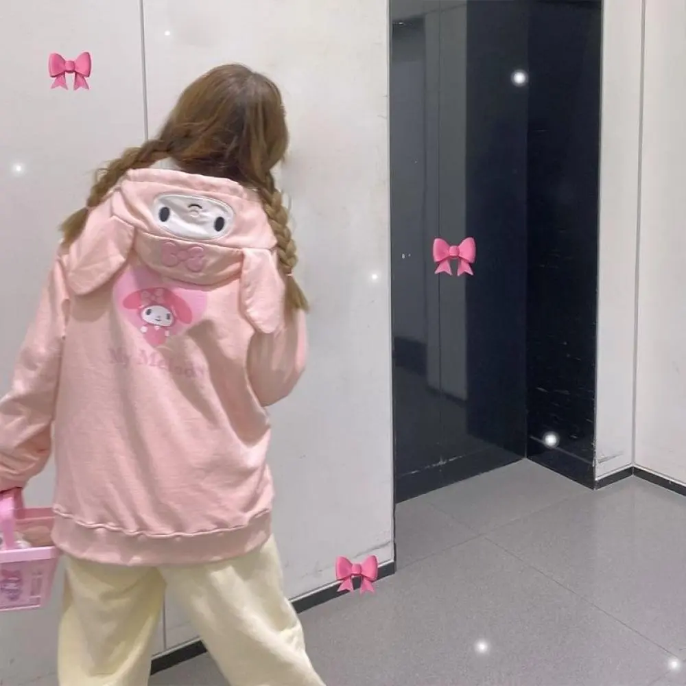 Kawaii Cinnamoroll Hooded Hoodie Cardigan Coat Sanrioed Anime Melody Kuromi Cute Costume Jacket Spring Loose Girls Student Sweet