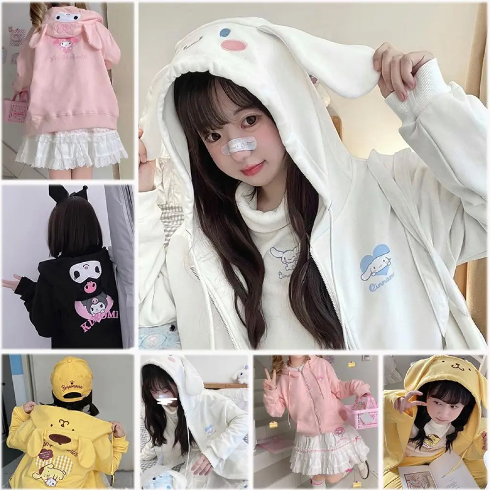 Kawaii Cinnamoroll Hooded Hoodie Cardigan Coat Sanrioed Anime Melody Kuromi Cute Costume Jacket Spring Loose Girls Student Sweet