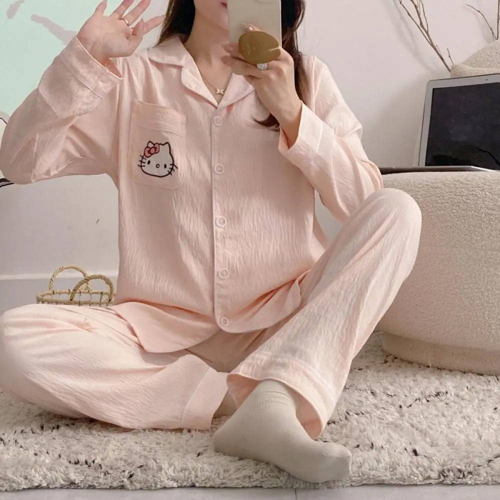 Sanrios Kawaii Hello Kitty Women Pajamas Suit Cotton Cartoon Spring Casual Home Wear Anime Comfortable Long-Sleeved Nightclothes