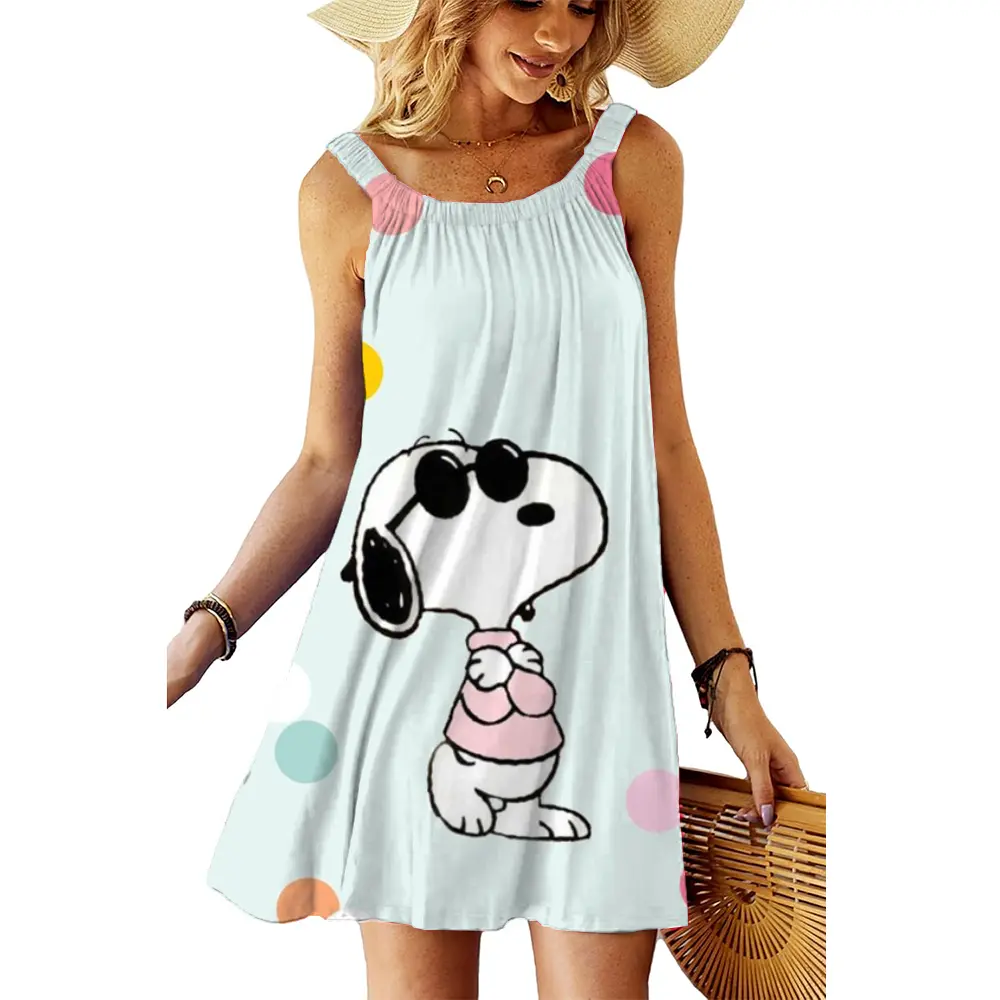 Summer black sexy dress Women's Snoopy printCasual Slim Fit Sleeveless Round Neck T-shirt Mini Dress