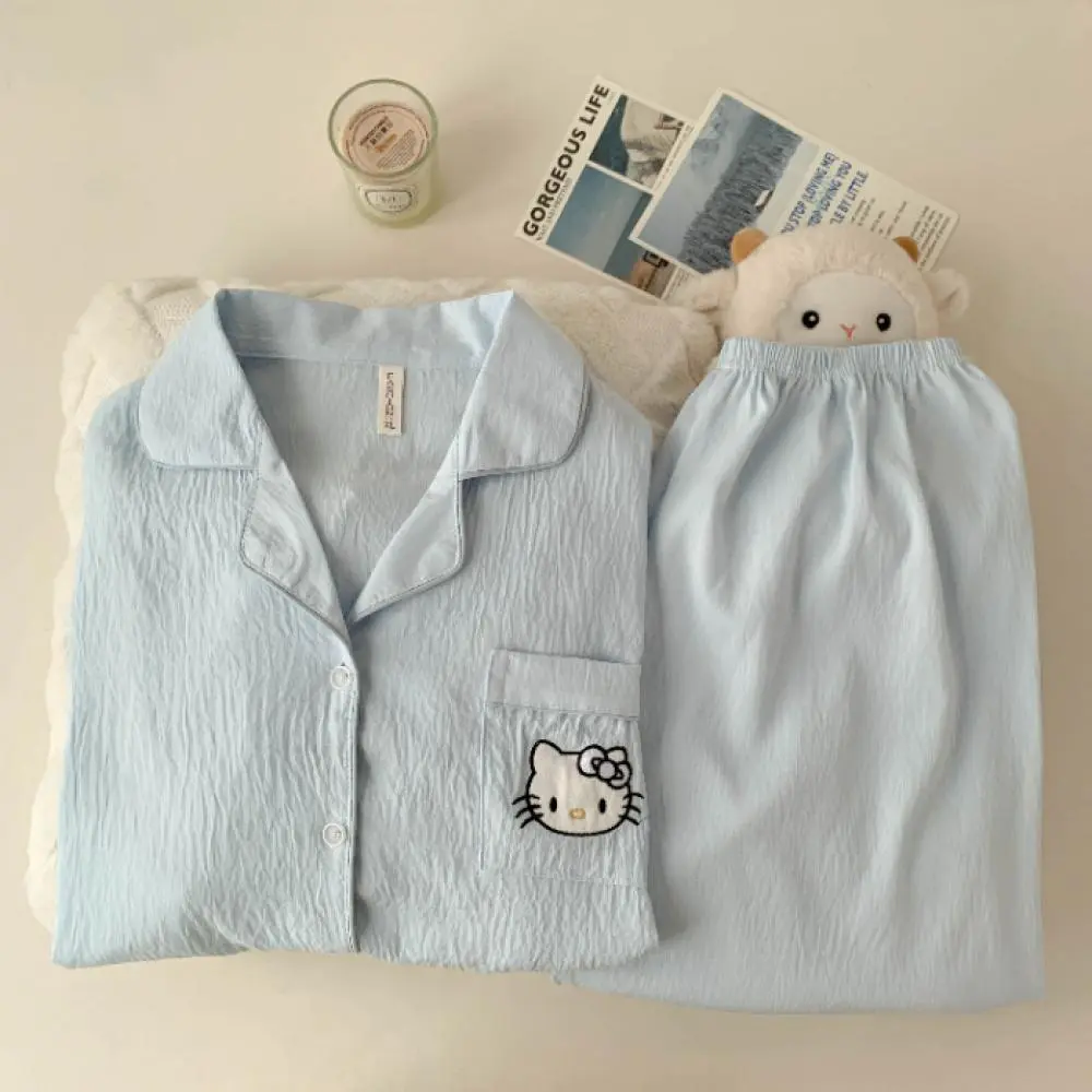 Sanrios Kawaii Hello Kitty Women Pajamas Suit Cotton Cartoon Spring Casual Home Wear Anime Comfortable Long-Sleeved Nightclothes