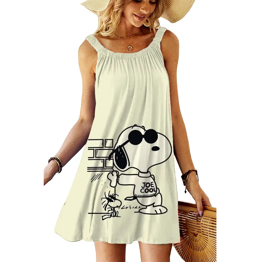 Summer black sexy dress Women's Snoopy printCasual Slim Fit Sleeveless Round Neck T-shirt Mini Dress