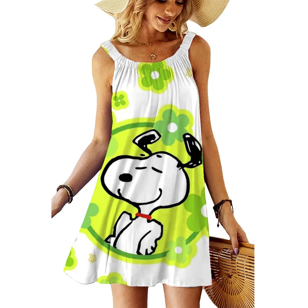 Summer black sexy dress Women's Snoopy printCasual Slim Fit Sleeveless Round Neck T-shirt Mini Dress