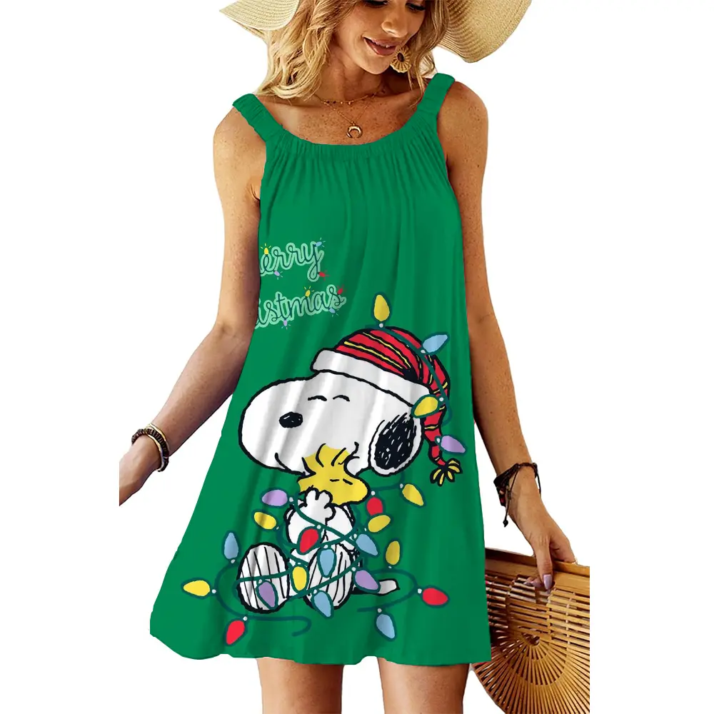 Summer black sexy dress Women's Snoopy printCasual Slim Fit Sleeveless Round Neck T-shirt Mini Dress
