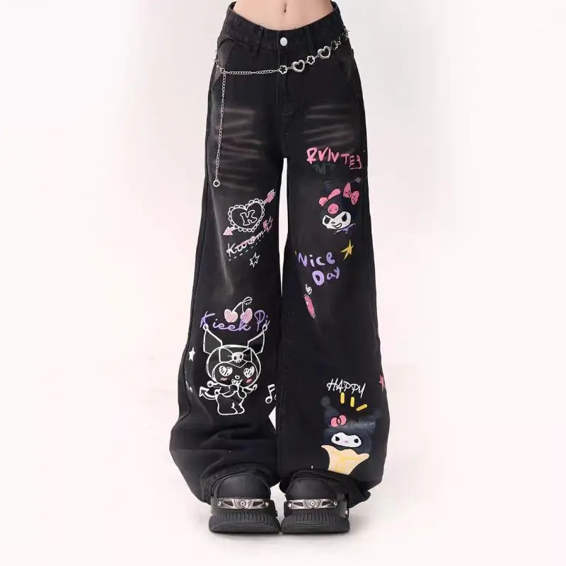 Cartoon Jeans Kuromi Sanrioed Long Pants Anime Autumn Loose High Waisted Trousers Cute Printing Retro Thin Wide Leg Pants Girls