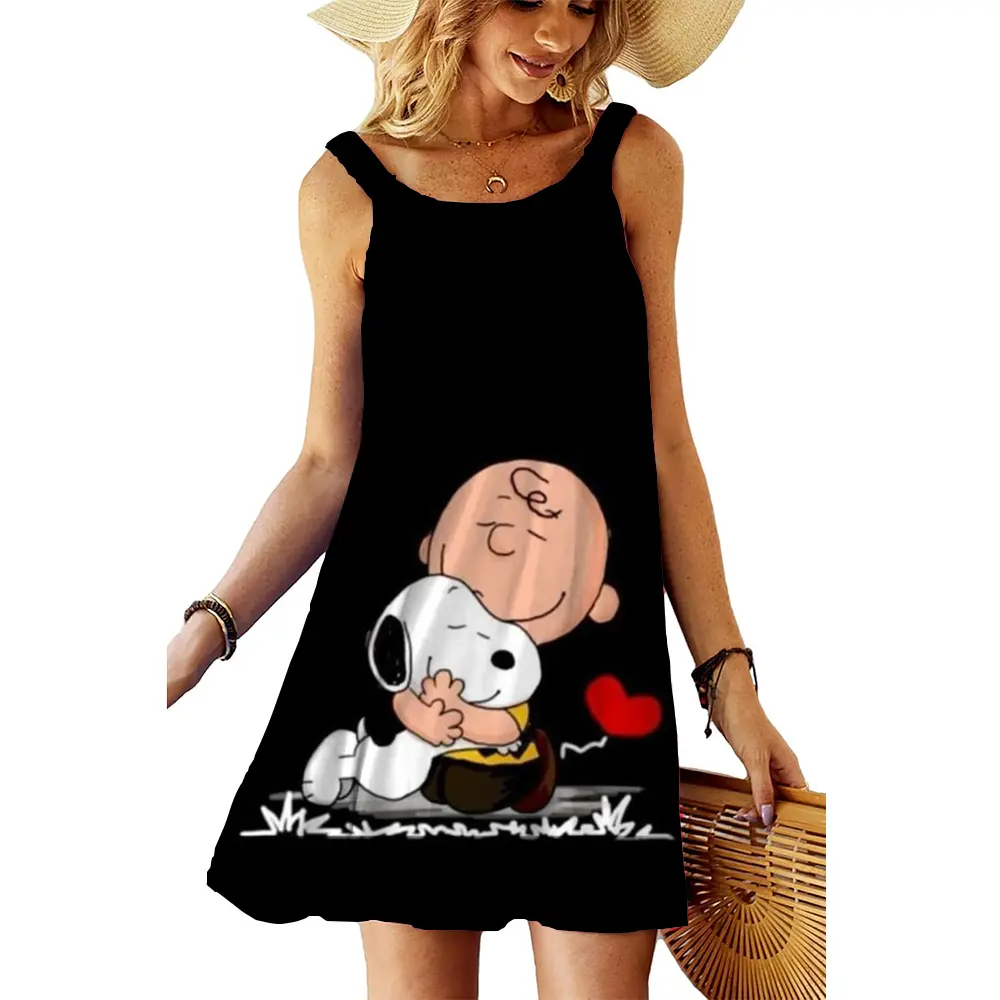 Summer black sexy dress Women's Snoopy printCasual Slim Fit Sleeveless Round Neck T-shirt Mini Dress