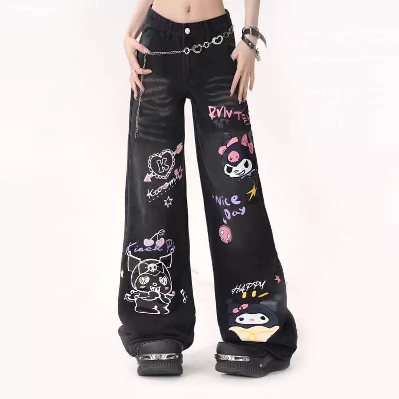 Cartoon Jeans Kuromi Sanrioed Long Pants Anime Autumn Loose High Waisted Trousers Cute Printing Retro Thin Wide Leg Pants Girls