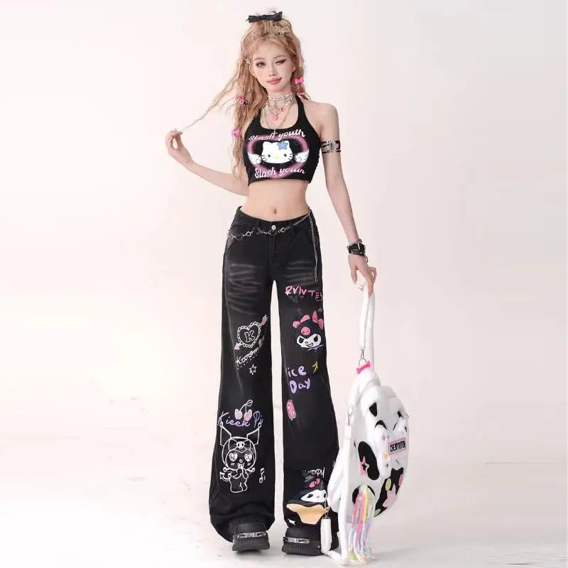 Cartoon Jeans Kuromi Sanrioed Long Pants Anime Autumn Loose High Waisted Trousers Cute Printing Retro Thin Wide Leg Pants Girls