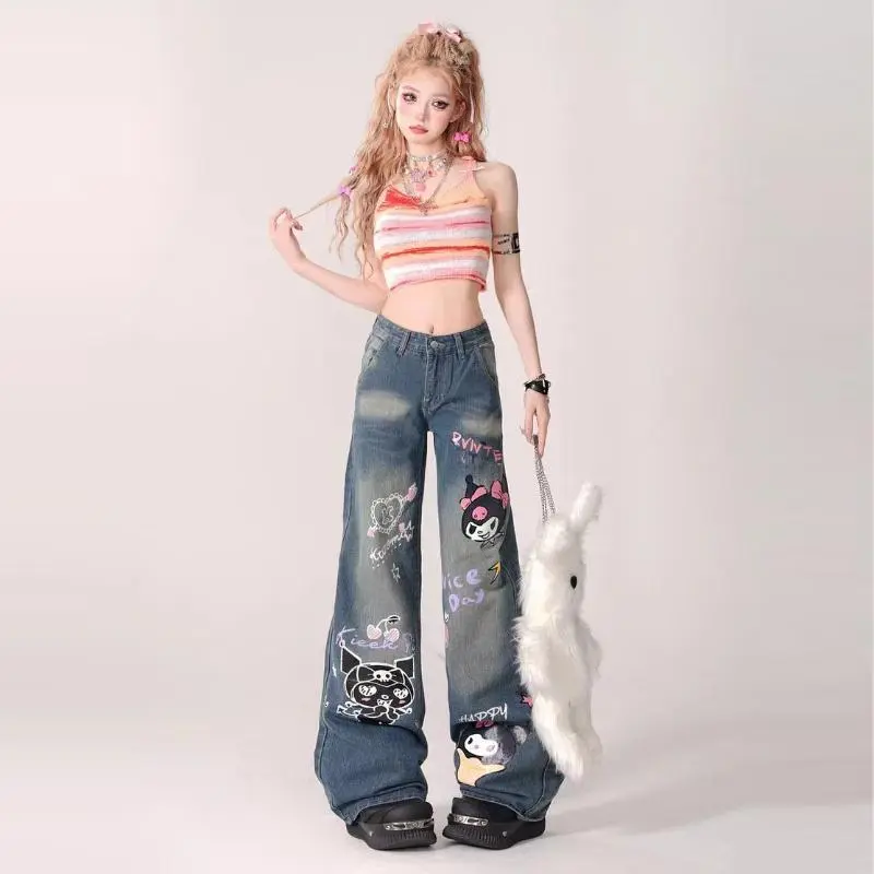 Cartoon Jeans Kuromi Sanrioed Long Pants Anime Autumn Loose High Waisted Trousers Cute Printing Retro Thin Wide Leg Pants Girls