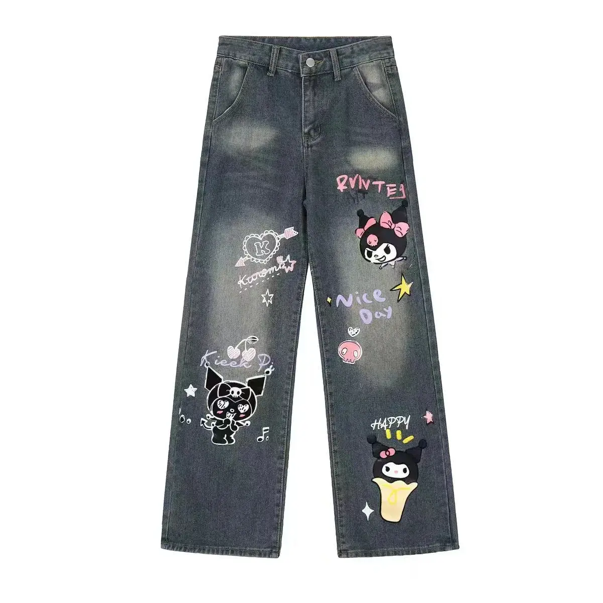 Cartoon Jeans Kuromi Sanrioed Long Pants Anime Autumn Loose High Waisted Trousers Cute Printing Retro Thin Wide Leg Pants Girls
