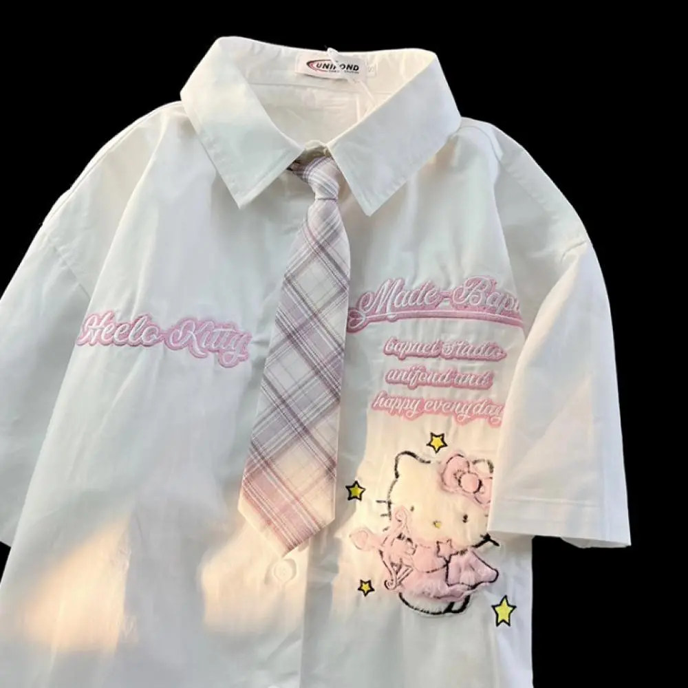 Cute Short-Sleeved Shirt Hello Kitty Cartoon Sanrio Anime Summer Polo Shirt Kawaii Figure Cotton Loose Tops Student Girl Trend