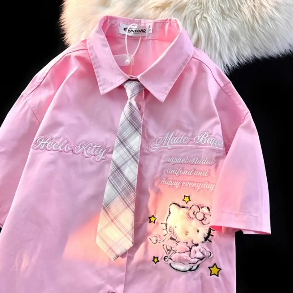 Cute Short-Sleeved Shirt Hello Kitty Cartoon Sanrio Anime Summer Polo Shirt Kawaii Figure Cotton Loose Tops Student Girl Trend