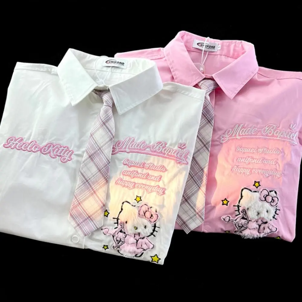 Cute Short-Sleeved Shirt Hello Kitty Cartoon Sanrio Anime Summer Polo Shirt Kawaii Figure Cotton Loose Tops Student Girl Trend