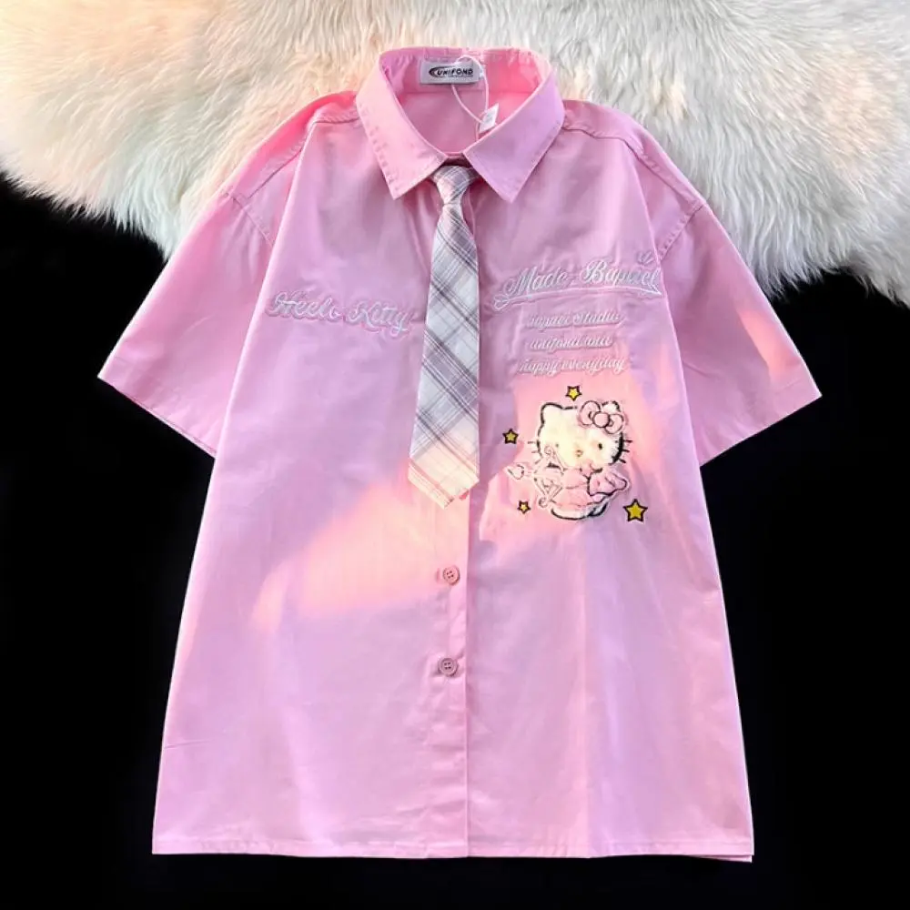 Cute Short-Sleeved Shirt Hello Kitty Cartoon Sanrio Anime Summer Polo Shirt Kawaii Figure Cotton Loose Tops Student Girl Trend