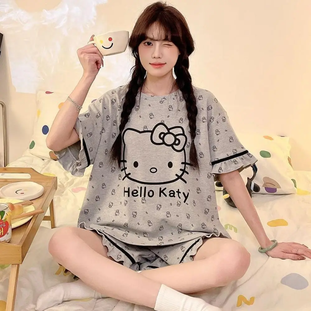 2Pcs Short Sleeve Shorts Sanrio Cute Hello Kitty Pajamas Suit Cartoon Women Cotton Nightgown Anime Kawaii Girls Homewear Set
