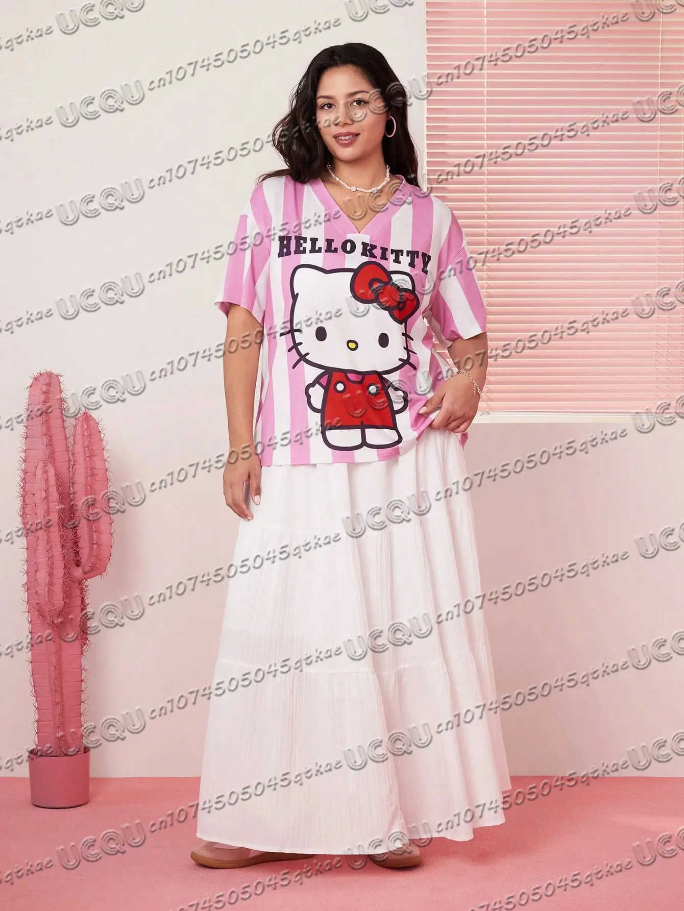 Summer Pink Striped Hello Kitty Printed Football Shirt T-Shirt Cute Sweet Girl Style Tee Fashion Streetwear Casual Women'S Top