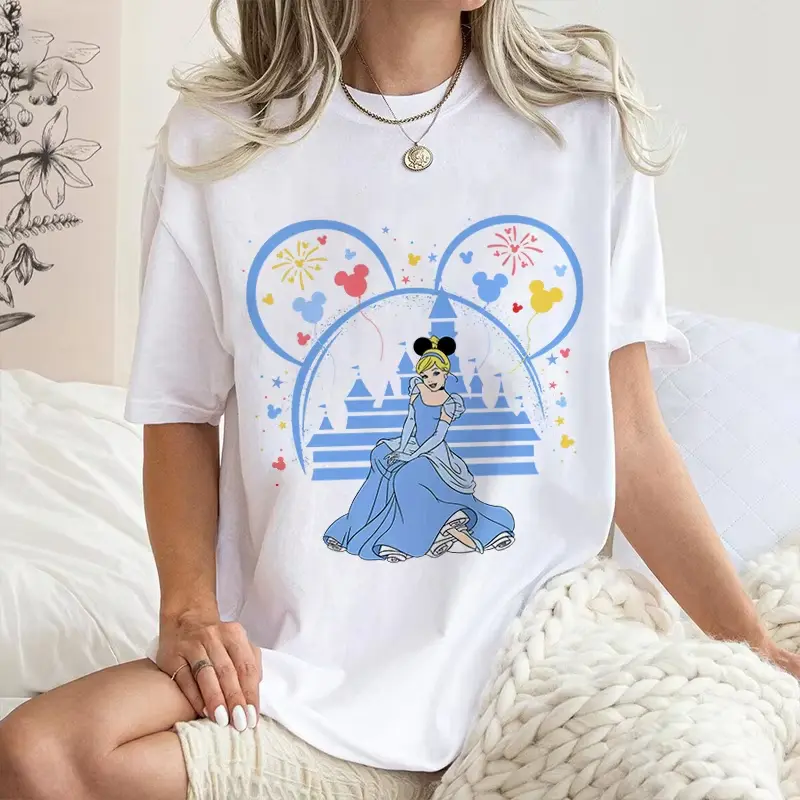 Disney Cinderella Fashion Summer Printed Women's T-shirt Pure Cotton Cartoon Women's Short Sleeve Loose Top Summer Clothing