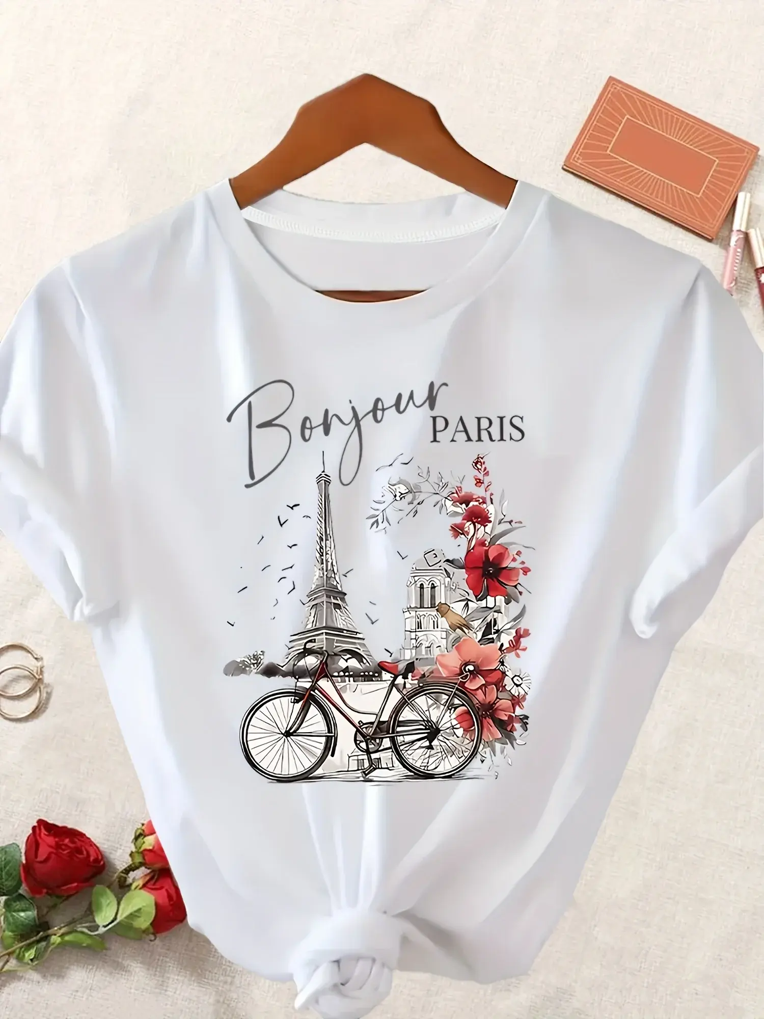 Women'S Bonjour Paris Graphic Tee Casual Crew Neck Short Sleeve T-Shirt with Eiffel Tower Vintage Bicycle Design Floral Accents