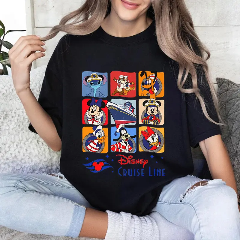 Cute Disney Cruise Mickey and Friends Printed Women's T-shirt Cotton Short Sleeve Casual Tops Loose Fashion T-shirt