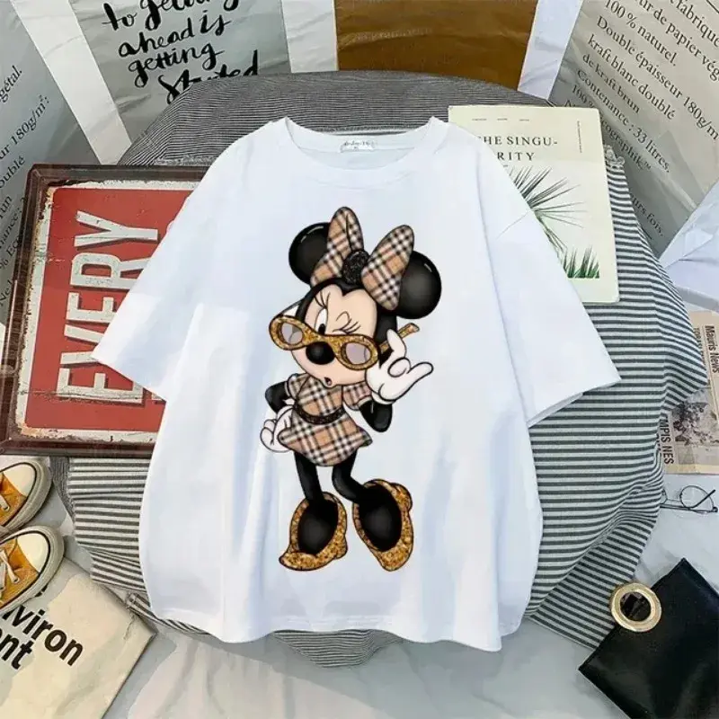 Vintage Disney Cartoon Mickey Harajuku Minnie Summer KawaiiTopY2K Women's T-shirt Ulzzang Fashion Cotton Comfortable Casual