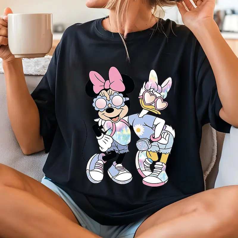 Disney Minnie and Daisy Besties Printed Women's T-Shirt Cotton Short Sleeve Casual Top Personalised Women's Fashion Y2K Clothing