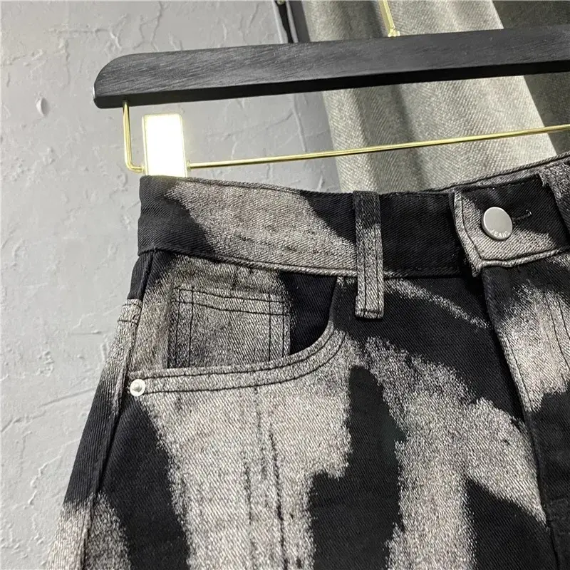 Korean Style High Waist A- Line Mini Skirt Spring Summer Slimming Patterned Denim Skirt Frayed Hemline Trendy Women's Shorts