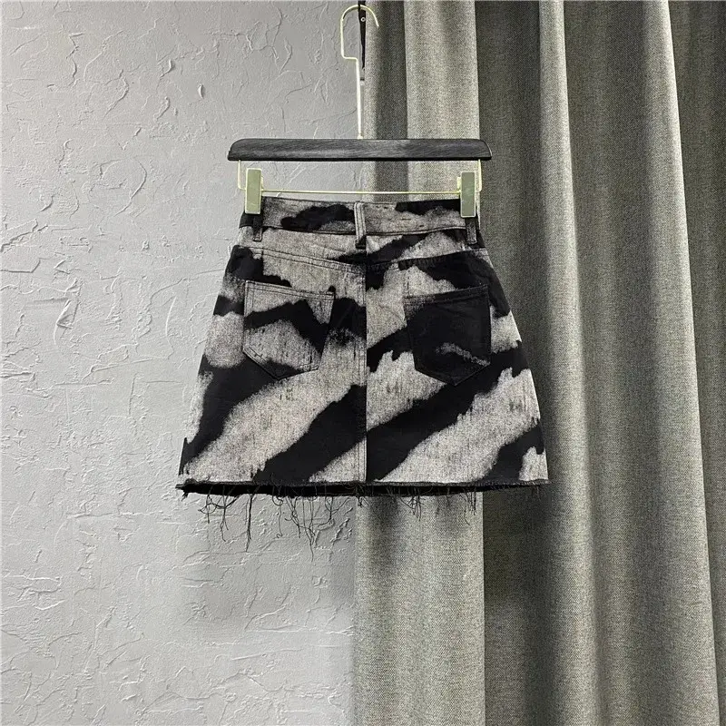 Korean Style High Waist A- Line Mini Skirt Spring Summer Slimming Patterned Denim Skirt Frayed Hemline Trendy Women's Shorts