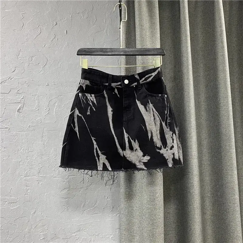 Korean Style High Waist A- Line Mini Skirt Spring Summer Slimming Patterned Denim Skirt Frayed Hemline Trendy Women's Shorts