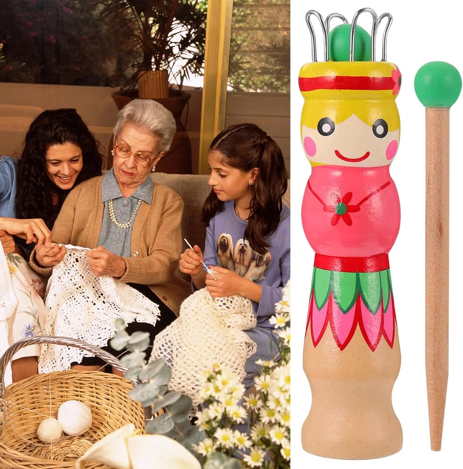 Wooden Weaving Tools Hand Drawn Patterns Handmade Tools Mini Weavers Wooden Knitting Dolls Yarn Knitting Dolls Knitting Machines