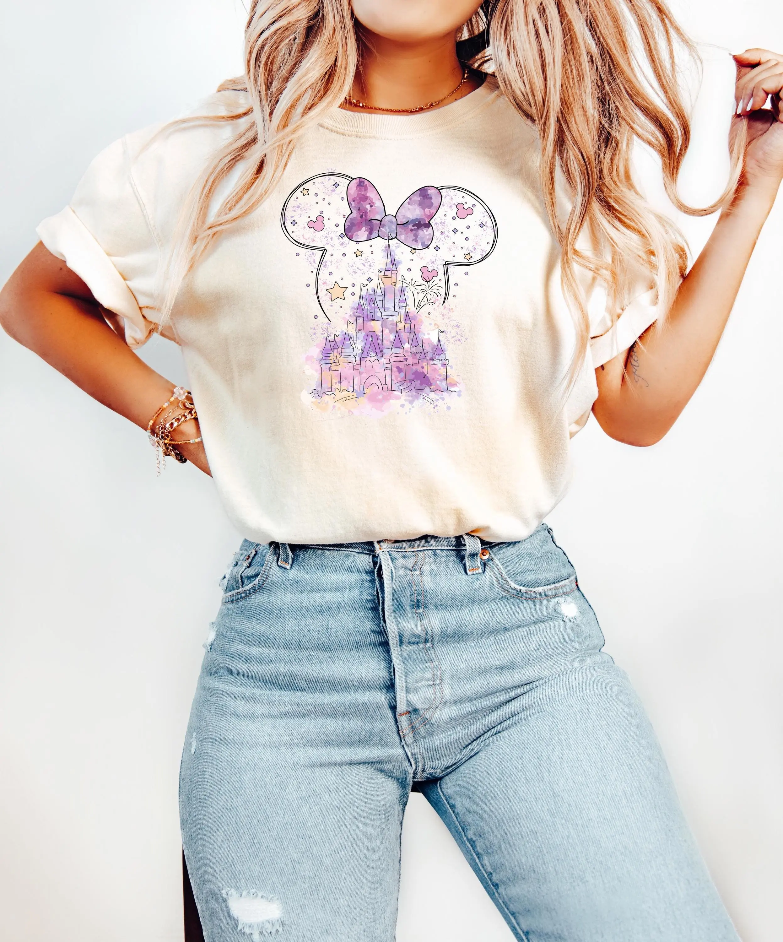 Disney Minnie Mouse Castle Shirt Magic Kingdom Family Short sleeved T-shirt American Retro Women's Fashion Casual T-shirt