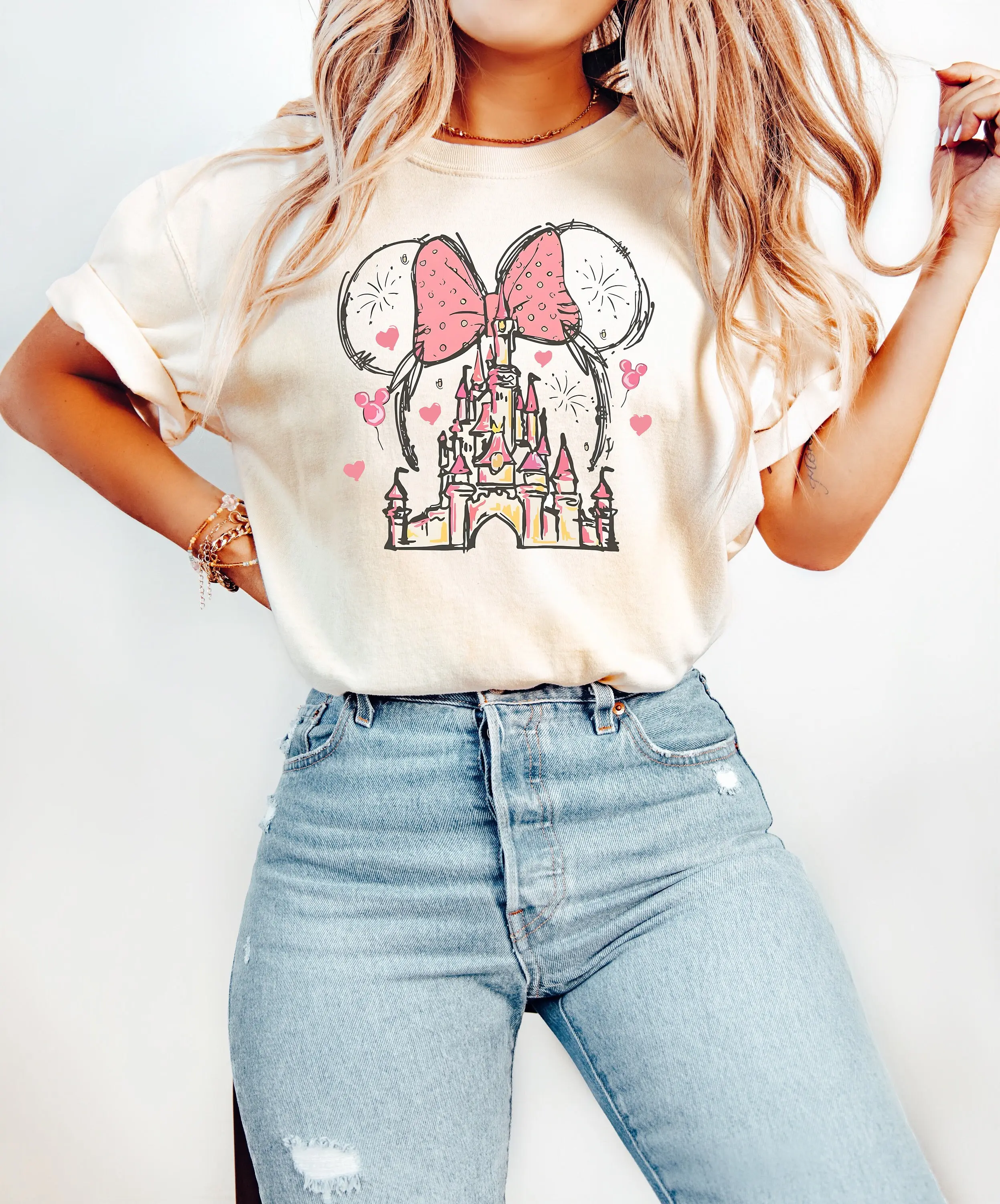 Disney Minnie Mouse Castle Shirt Magic Kingdom Family Short sleeved T-shirt American Retro Women's Fashion Casual T-shirt