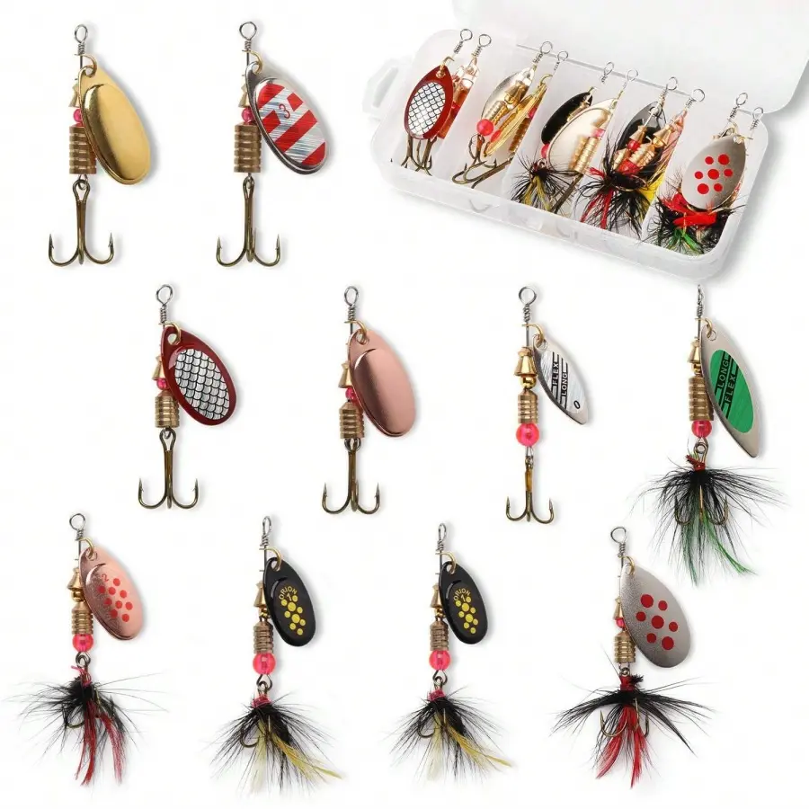 10pcs Fishing Lure Spinner Baits with Feathered Treble Hooks Bass Fishing Trout Salmon Hard Metal Spinnerbaits Kit with Boxes