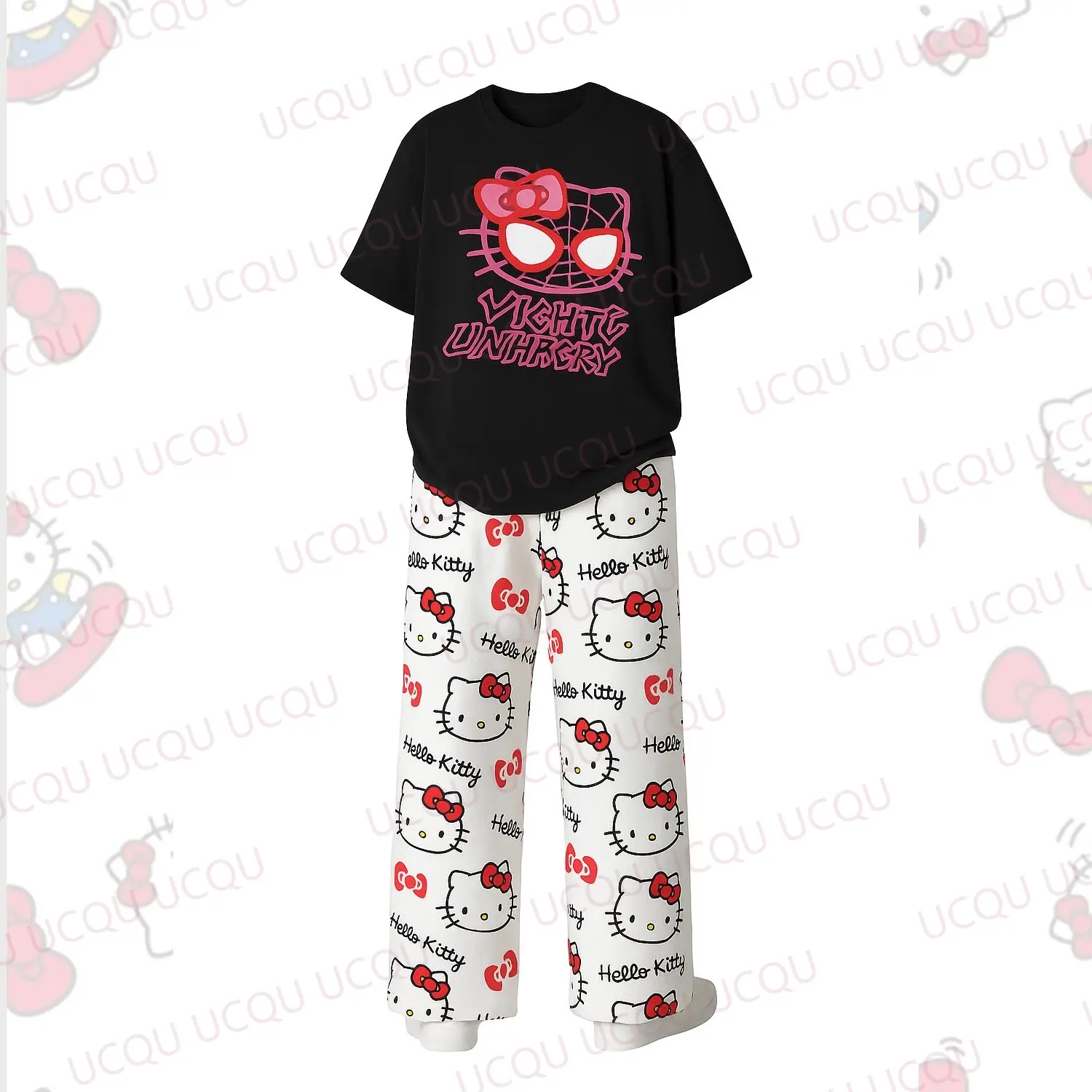 New Y2K Hello Kitty&Spider-man  Cotton Pajama Set – Cute Oversized Couples' Loungewear  Set T-Shirt with Pajama Pants for Adults