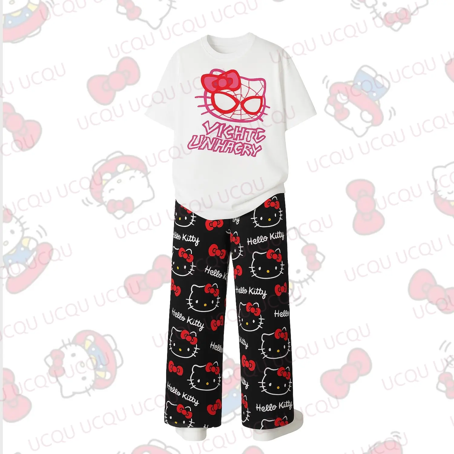 New Y2K Hello Kitty&Spider-man  Cotton Pajama Set – Cute Oversized Couples' Loungewear  Set T-Shirt with Pajama Pants for Adults