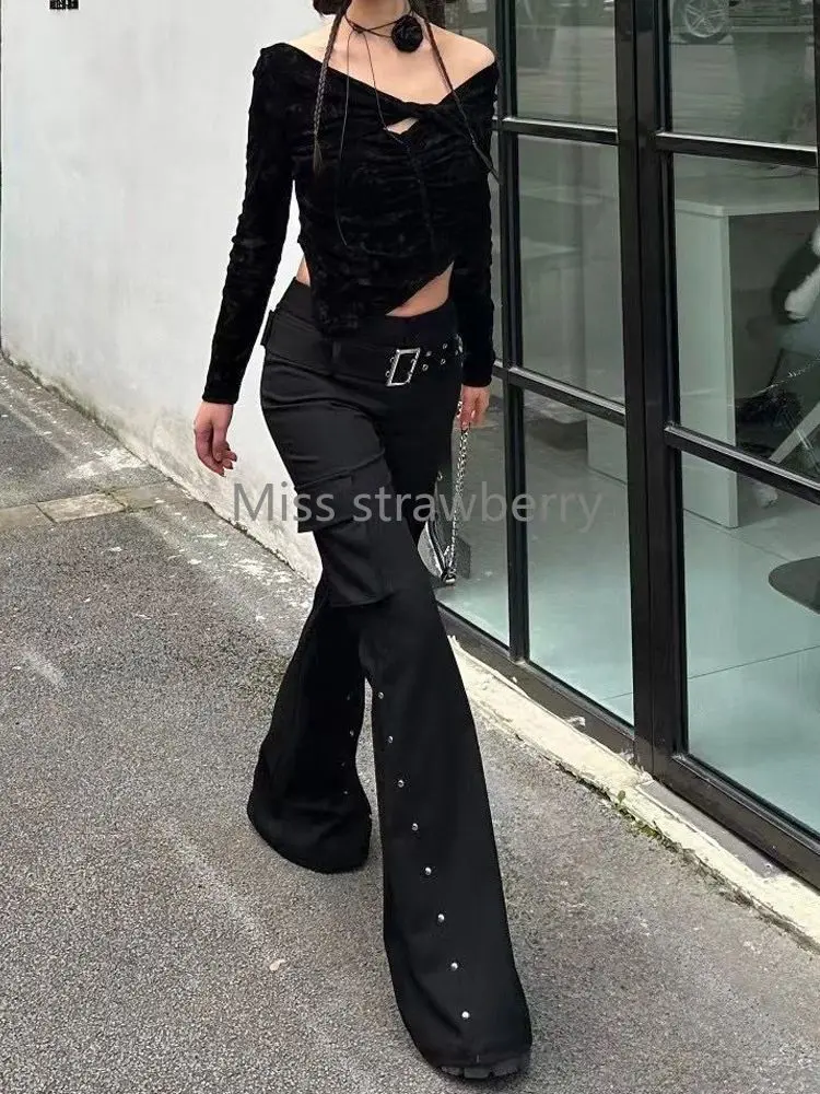 Aesthetic Vintage High Street Skinny Trousers Women Gothic Design Slim High-waist Mopping Pants Retro Y2k Patchwork New Outfits