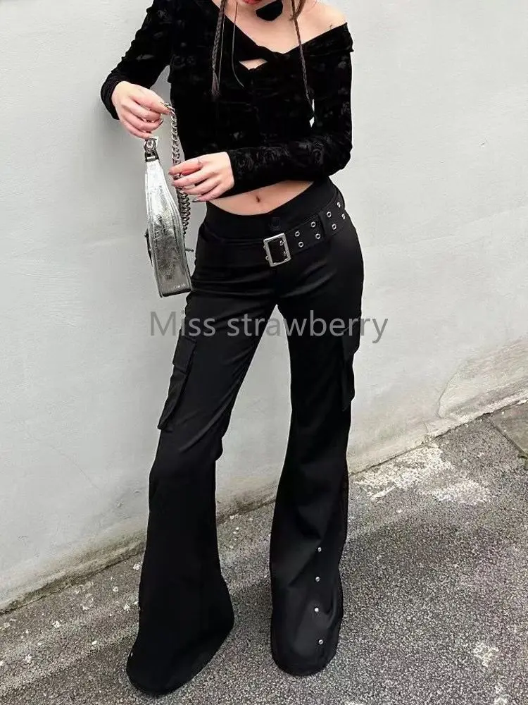 Aesthetic Vintage High Street Skinny Trousers Women Gothic Design Slim High-waist Mopping Pants Retro Y2k Patchwork New Outfits