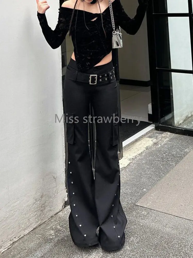 Aesthetic Vintage High Street Skinny Trousers Women Gothic Design Slim High-waist Mopping Pants Retro Y2k Patchwork New Outfits