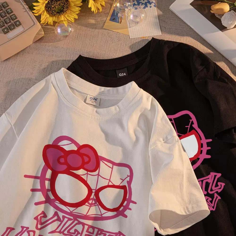 New Y2K Hello Kitty&Spider-man  Cotton Pajama Set – Cute Oversized Couples' Loungewear  Set T-Shirt with Pajama Pants for Adults