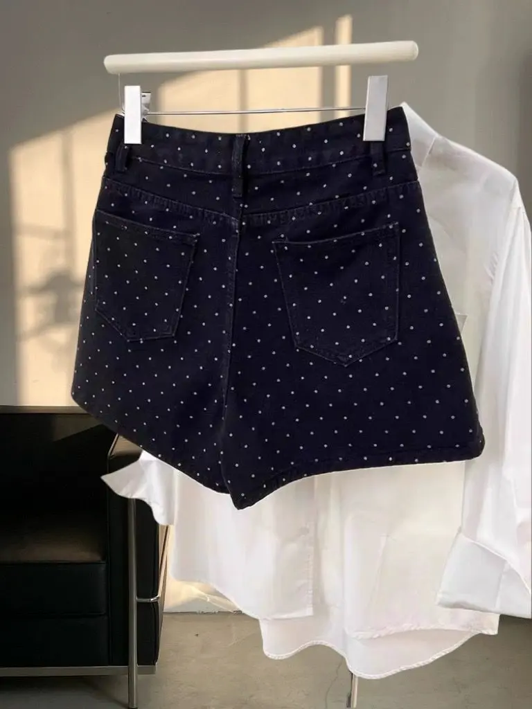 Black Polka Dot Denim Shorts Female Hot Girl with High Waist Slimming Wide Legs A-line Hip Hot Pants