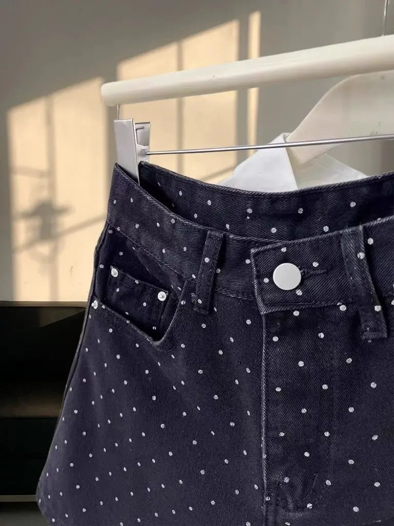 Black Polka Dot Denim Shorts Female Hot Girl with High Waist Slimming Wide Legs A-line Hip Hot Pants