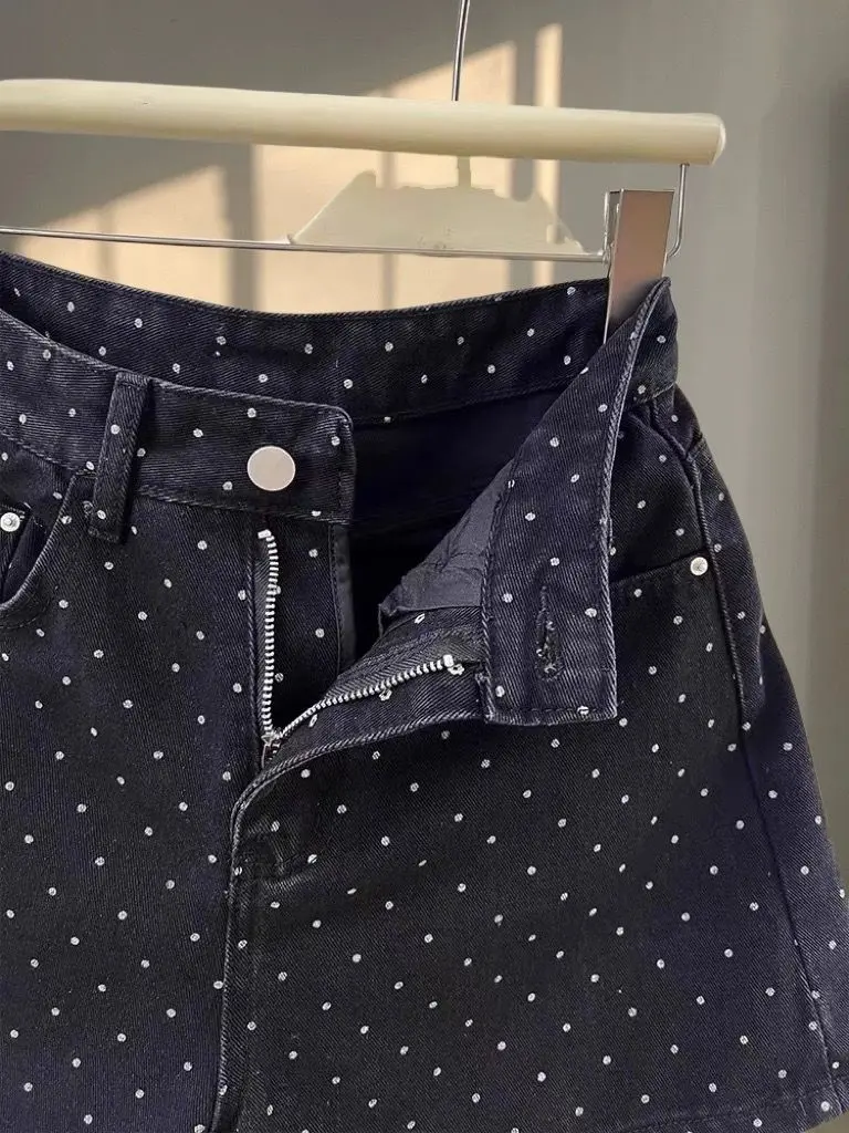 Black Polka Dot Denim Shorts Female Hot Girl with High Waist Slimming Wide Legs A-line Hip Hot Pants
