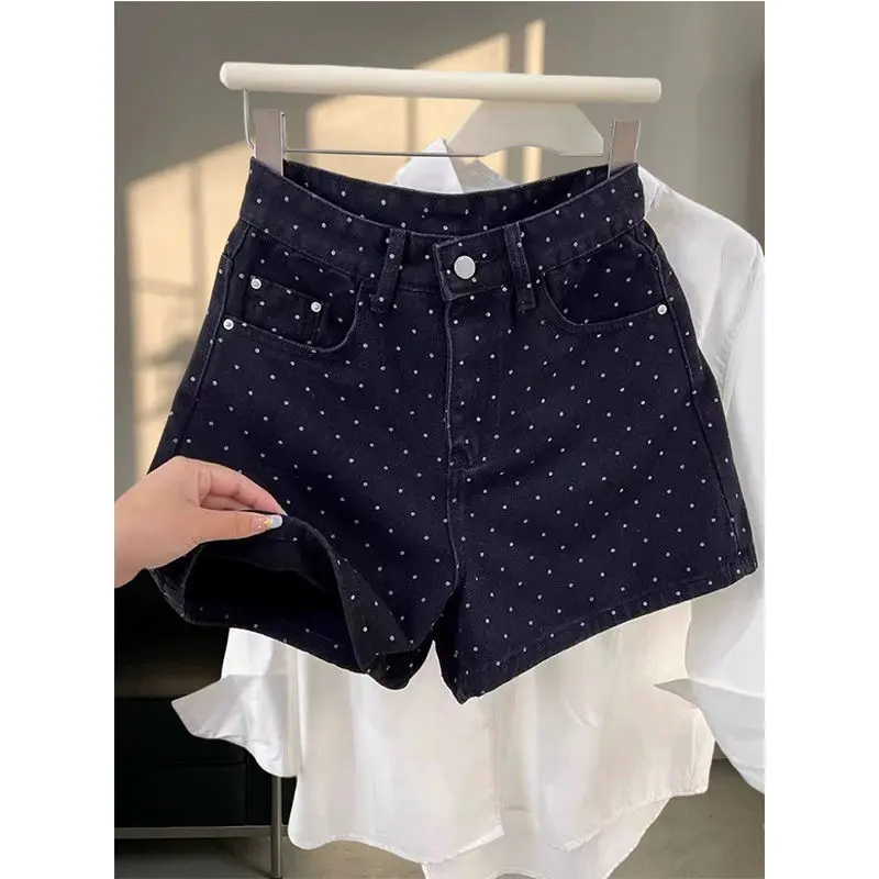 Black Polka Dot Denim Shorts Female Hot Girl with High Waist Slimming Wide Legs A-line Hip Hot Pants