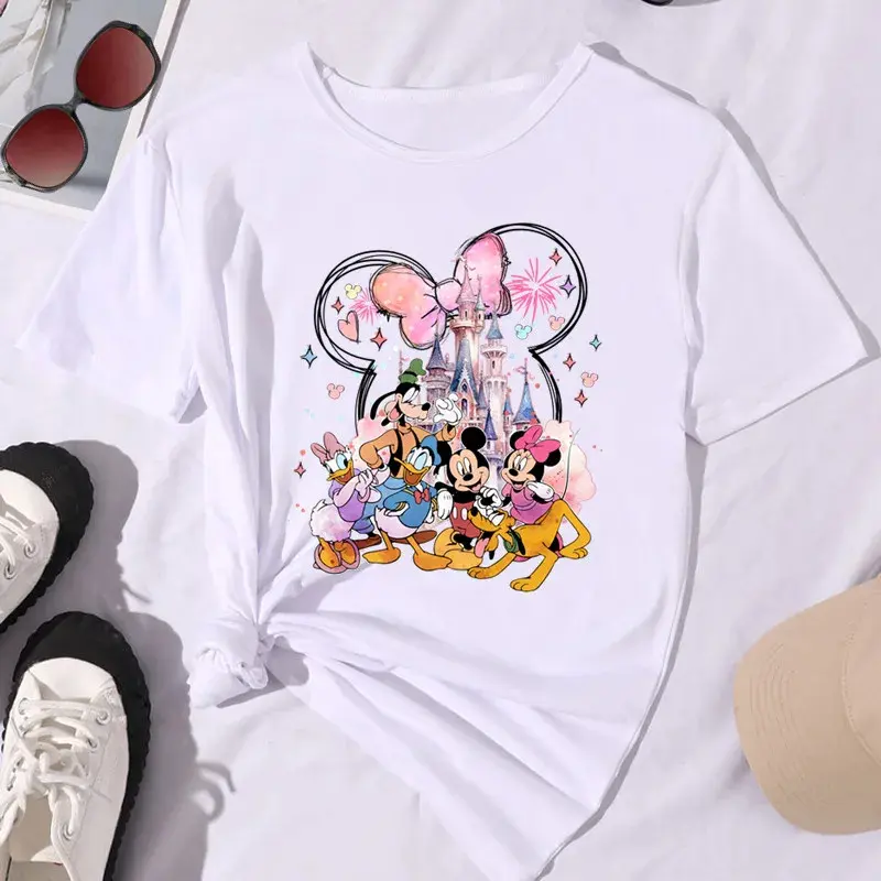 Disney Mickey Mouse Ears Dream Watercolor Castle Printed Women's T-shirt Summer Leisure Street Clothing Top Women's Clothing