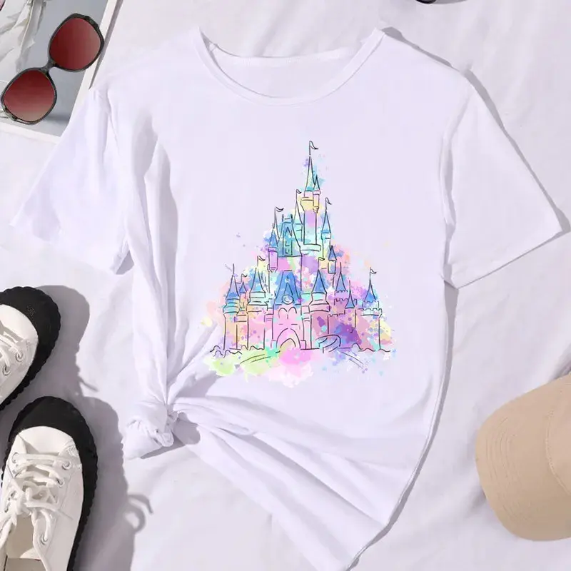 Disney Mickey Mouse Ears Dream Watercolor Castle Printed Women's T-shirt Summer Leisure Street Clothing Top Women's Clothing