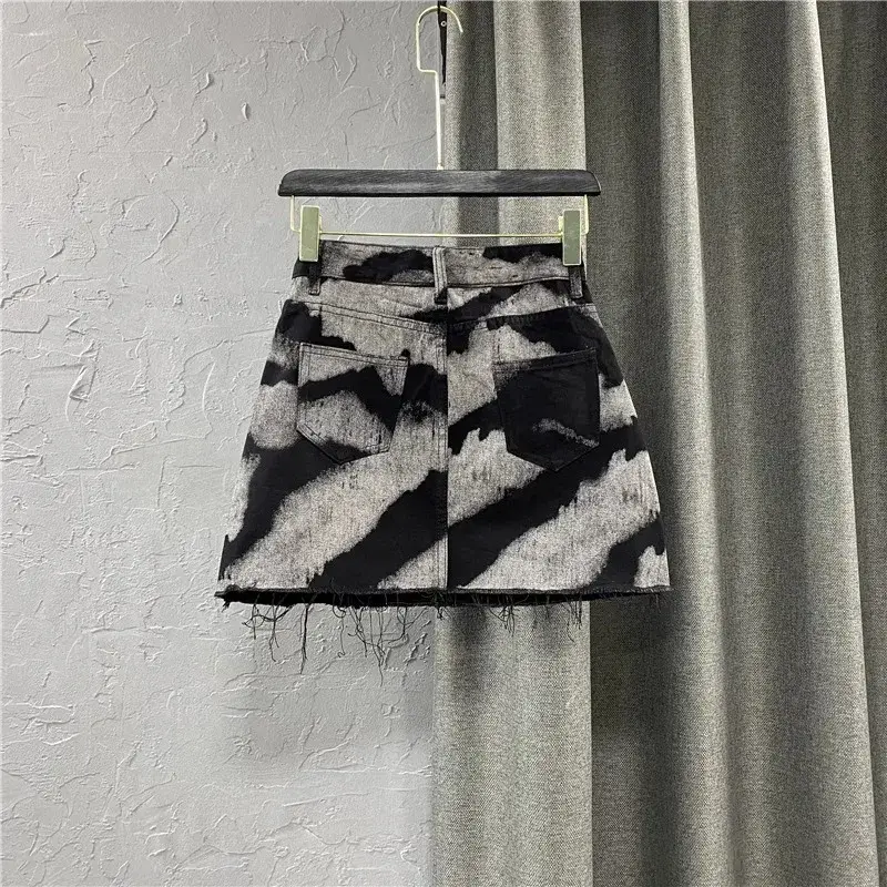 Korean Style High Waist A- Line Mini Skirt Spring Summer Slimming Patterned Denim Skirt Frayed Hemline Trendy Women's Shorts