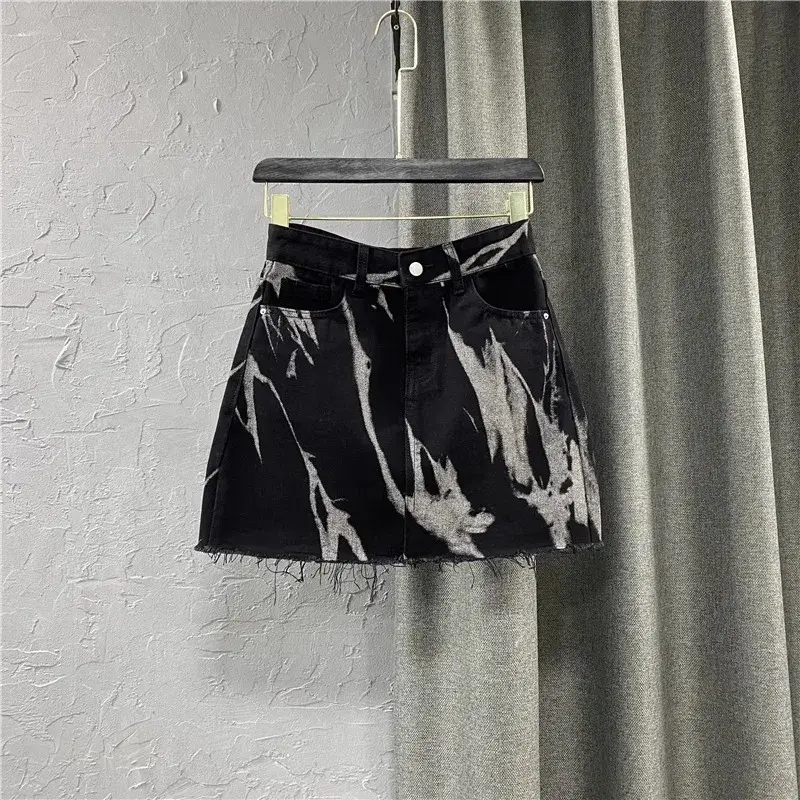 Korean Style High Waist A- Line Mini Skirt Spring Summer Slimming Patterned Denim Skirt Frayed Hemline Trendy Women's Shorts